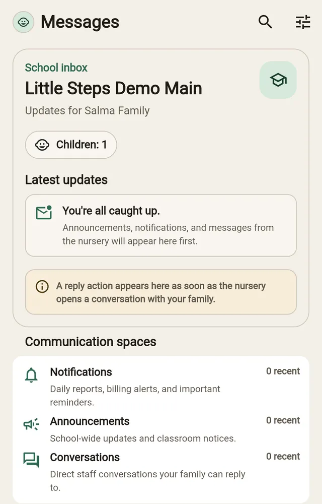 Little Steps parent messages screen with the school inbox, notifications, announcements, and conversations